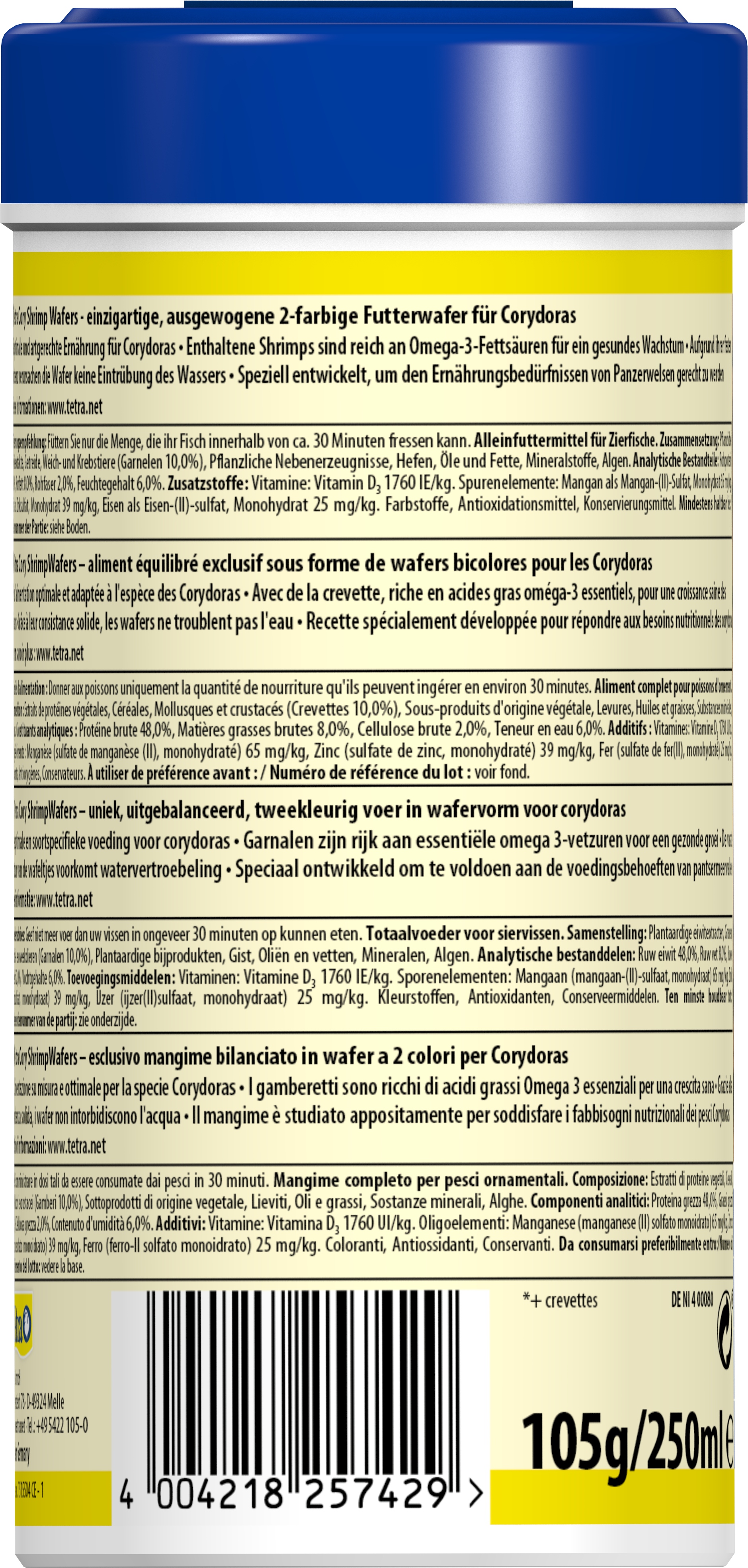 TETRA Cory ShrimpWafers 250 ml nourriture complète spéciale Corydoras et  autres poissons de fond - Nourritures eau douce/Nourriture pour poissons de  fond -  - Aquariophilie